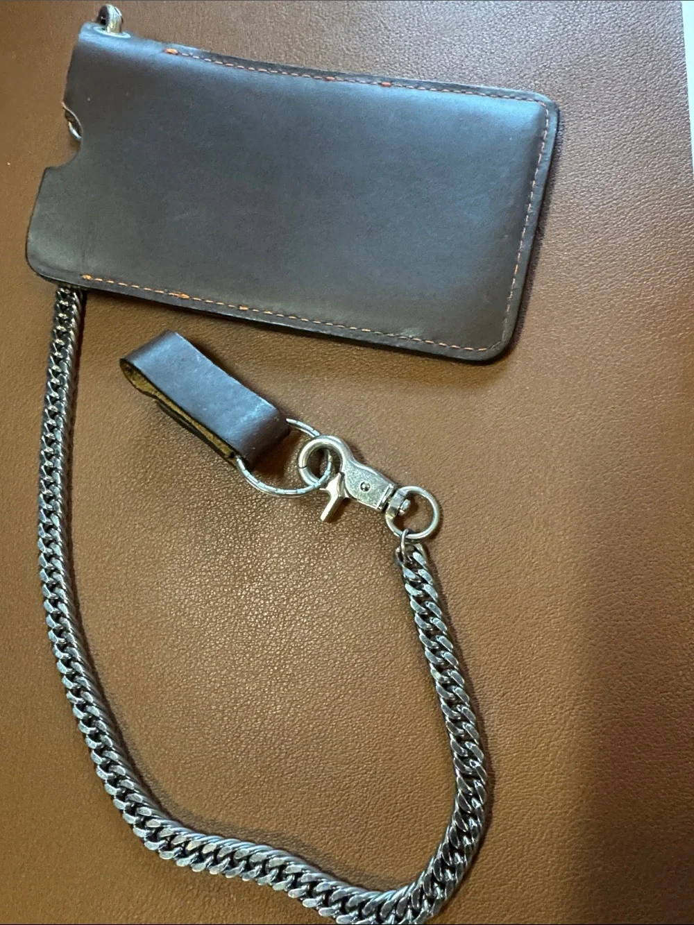 Leather Card Holder with Chain - Dark Brown
